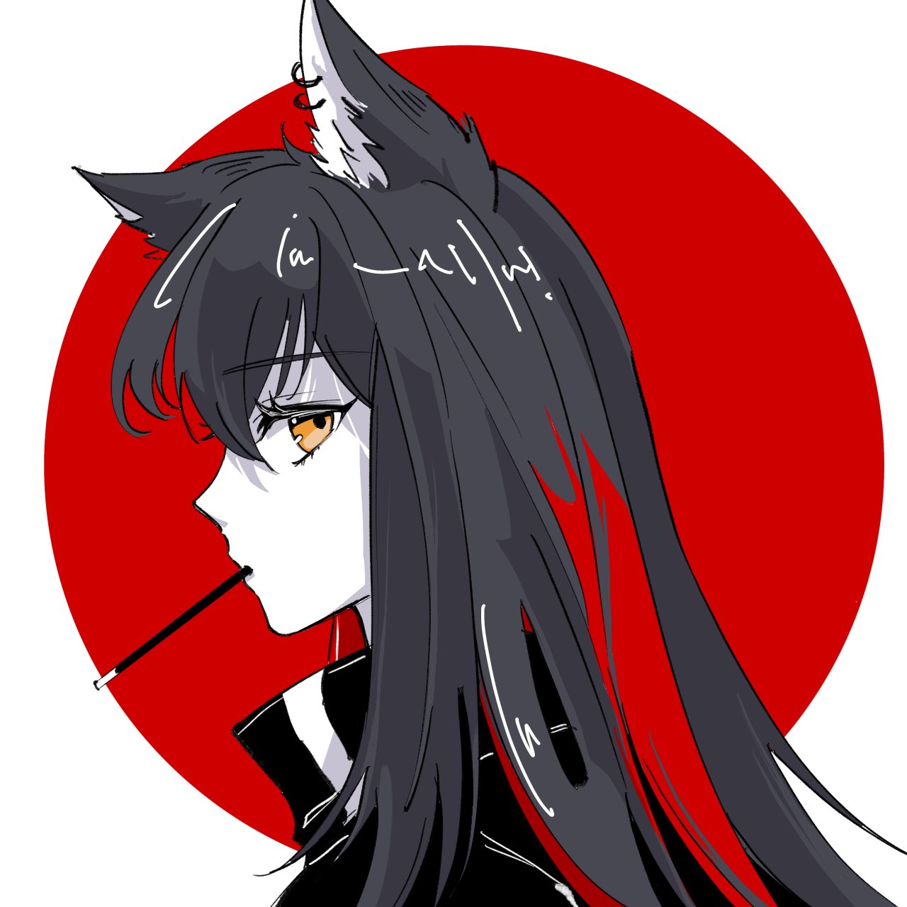 1girl animal_ears arknights black_jacket chomo_o12 collared_jacket food food_in_mouth from_side grey_hair hair_between_eyes highres jacket limited_palette long_hair looking_at_viewer multicolored_hair pocky pocky_in_mouth portrait profile red_background redhead sidelocks sideways_glance simple_background solo straight_hair streaked_hair texas_(arknights) two-tone_background white_background wolf_ears wolf_girl yellow_eyes