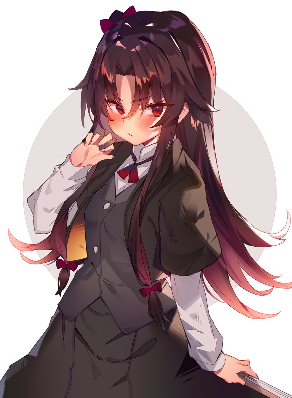 1girl black_hair blush board_game bow brown_vest buttons closed_mouth collared_shirt cowboy_shot hair_bow hair_ornament hand_up highres layered_sleeves loli long_hair long_sleeves looking_at_viewer one_side_up open_clothes red_bow red_eyes ryuuou_no_oshigoto! shirt shogi shogi_piece short_over_long_sleeves short_sleeves simple_background solo soukou_makura vest white_shirt yashajin_ai