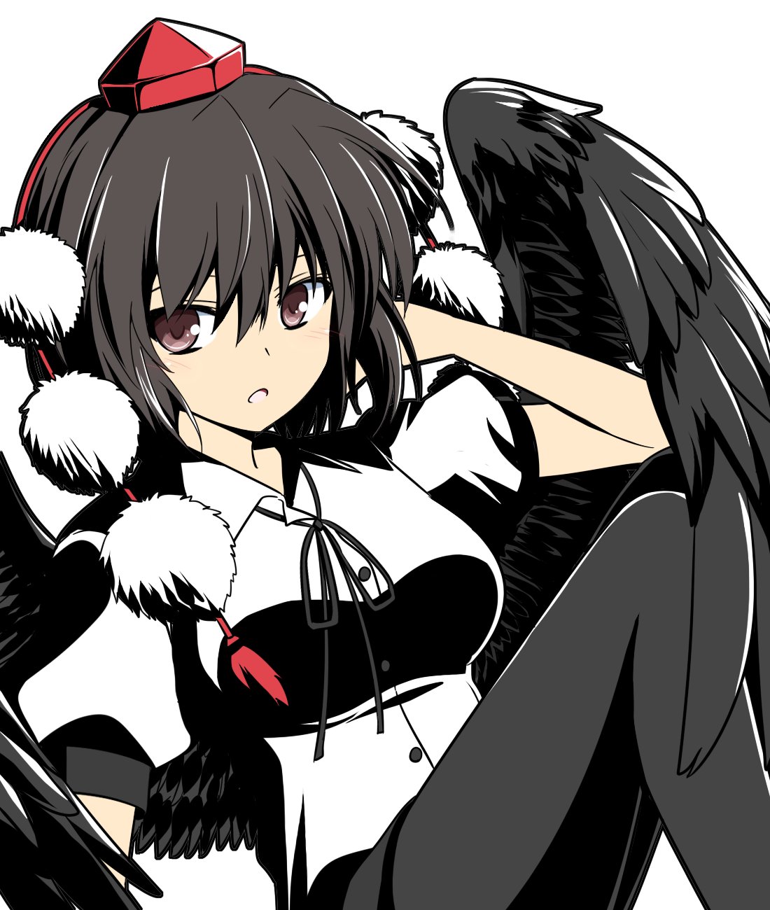 1girl :o bird_wings black_hair black_pantyhose black_ribbon black_skirt black_wings breasts brown_eyes collared_shirt commentary_request feathered_wings hat highres medium_breasts neck_ribbon pantyhose pom_pom_(clothes) puffy_short_sleeves puffy_sleeves red_hat ribbon rise_(rise19851203) shameimaru_aya shirt short_hair short_sleeves simple_background skirt solo tokin_hat touhou white_shirt wings