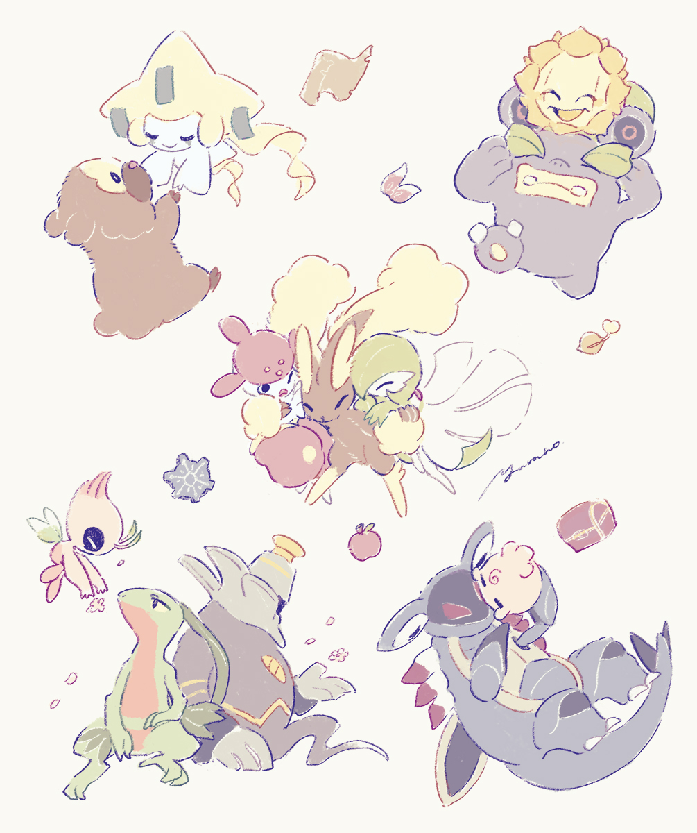 1other 5girls 6+boys alternate_color apple armaldo bidoof celebi closed_eyes commentary covering_another's_eyes dusknoir fairy_wings flower food fruit gardevoir gears grovyle half-closed_eyes highres hug igglybuff jirachi lopunny loudred medicham multiple_boys multiple_girls one_eye_closed petals pokemon pokemon_mystery_dungeon pokemon_mystery_dungeon:_explorers_of_time/darkness/sky red_scarf riding scarf seed shiny_pokemon signature sitting smile sunflora treasure_chest white_background wings yurano_(upao)