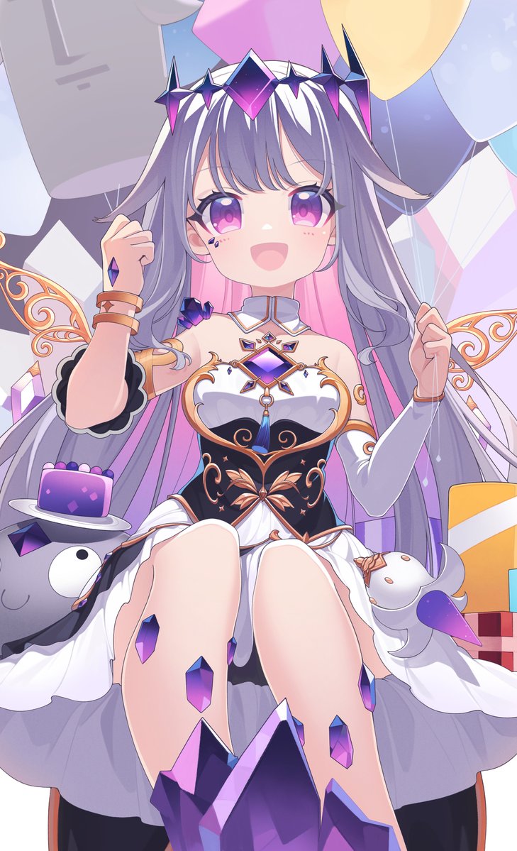 1girl :d balloon bracelet chest_jewel colored_inner_hair detached_collar detached_sleeves eskimofox flat_chest grey_hair hair_flaps hair_ornament hand_jewel holding holding_balloon hololive hololive_english jewelry koseki_bijou koseki_bijou_(1st_costume) long_sleeves looking_at_viewer material_growth multicolored_hair pebble_(koseki_bijou) pink_hair single_detached_sleeve sitting smile solo violet_eyes virtual_youtuber