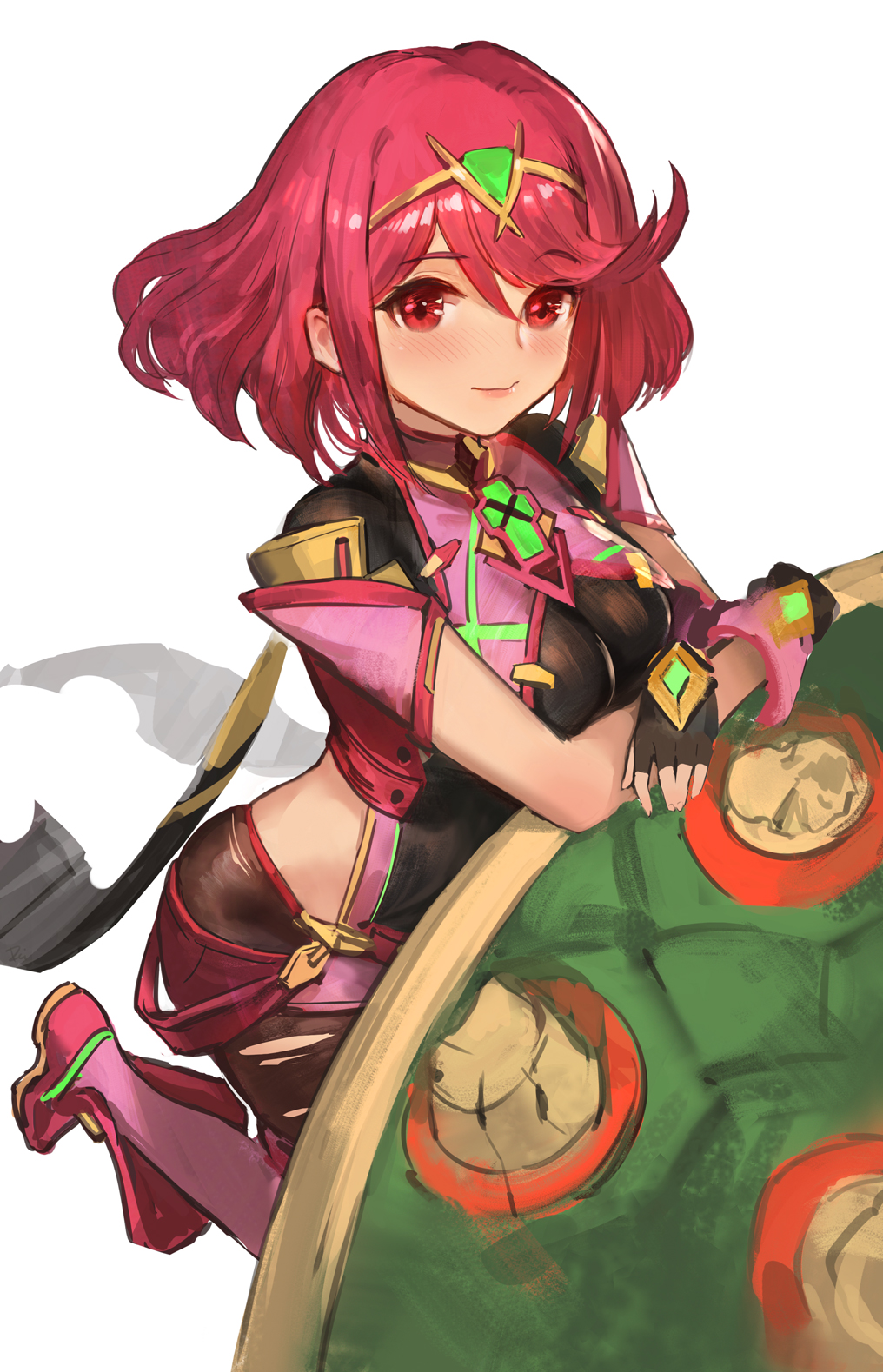 1boy 1girl armor backless_outfit black_gloves bob_cut bowser breasts chest_jewel core_crystal_(xenoblade) daible drop_earrings earrings fingerless_gloves gloves head_out_of_frame highres impossible_clothes jewelry large_breasts pantyhose pantyhose_under_shorts pyra_(xenoblade) red_eyes red_shorts redhead short_hair short_shorts short_sleeves shorts shoulder_armor skindentation solo_focus spiked_shell super_mario_bros. super_smash_bros. swept_bangs thigh-highs thighhighs_over_pantyhose tiara torn_clothes torn_pantyhose xenoblade_chronicles_(series) xenoblade_chronicles_2