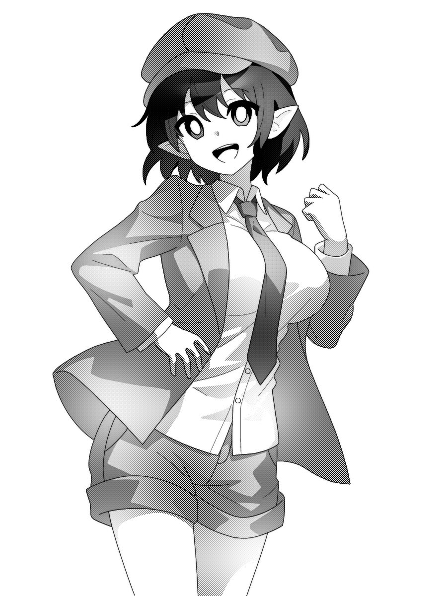 1girl :d breasts bright_pupils cabbie_hat coat collared_shirt commentary_request cowboy_shot greyscale hat highres large_breasts long_sleeves monochrome necktie onkn_sxkn open_clothes open_coat open_mouth pointy_ears shameimaru_aya shameimaru_aya_(newsboy) shirt short_hair shorts simple_background smile solo touhou white_background white_pupils