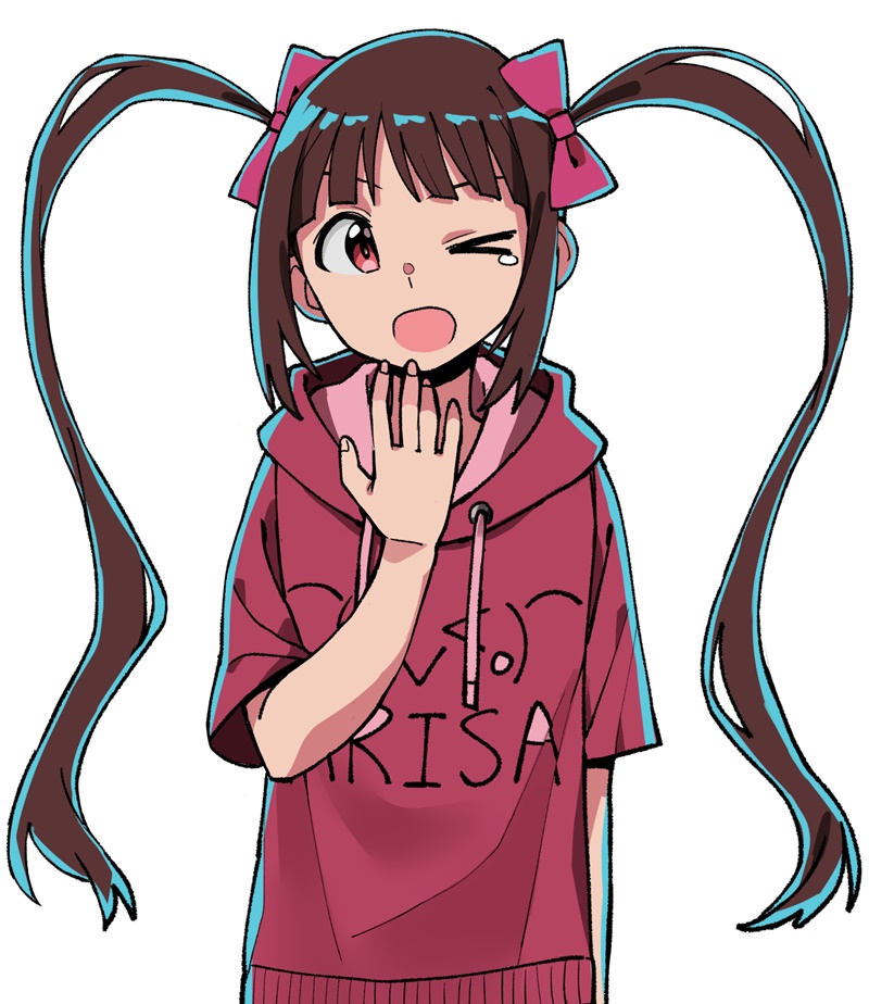 &gt;_o 1girl billbung blunt_bangs brown_hair dot_nose flat_chest hand_on_own_chin hood hoodie idolmaster idolmaster_million_live! idolmaster_million_live!_theater_days long_hair matsuda_arisa one_eye_closed open_mouth pink_ribbon red_eyes red_hoodie ribbon short_sleeves sidelocks simple_background solo standing tearing_up twintails upper_body very_long_hair white_background yawning