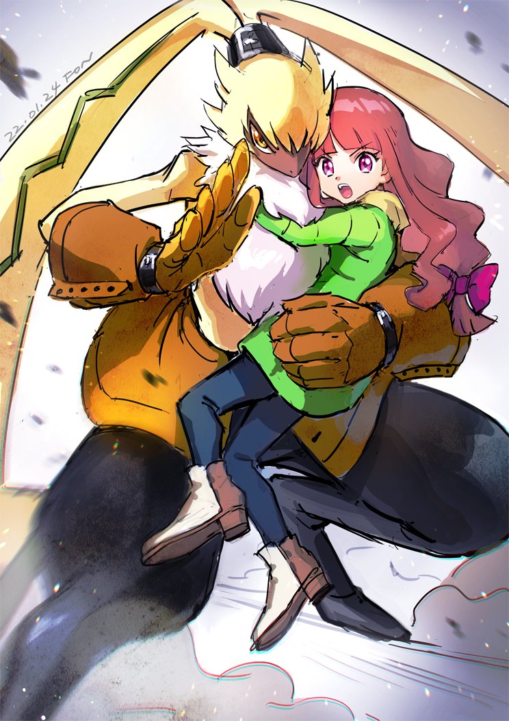 1girl blue_pants blunt_bangs bow brown_gloves brown_hair carrying carrying_person dated debris digimon digimon_(creature) digimon_ghost_game dust fighting_stance fon-due_(fonfon) gloves green_jacket grey_background hair_bow jacket long_hair open_mouth pants pink_bow pink_eyes signature symbareangoramon teeth tsukiyono_ruli upper_teeth_only white_footwear