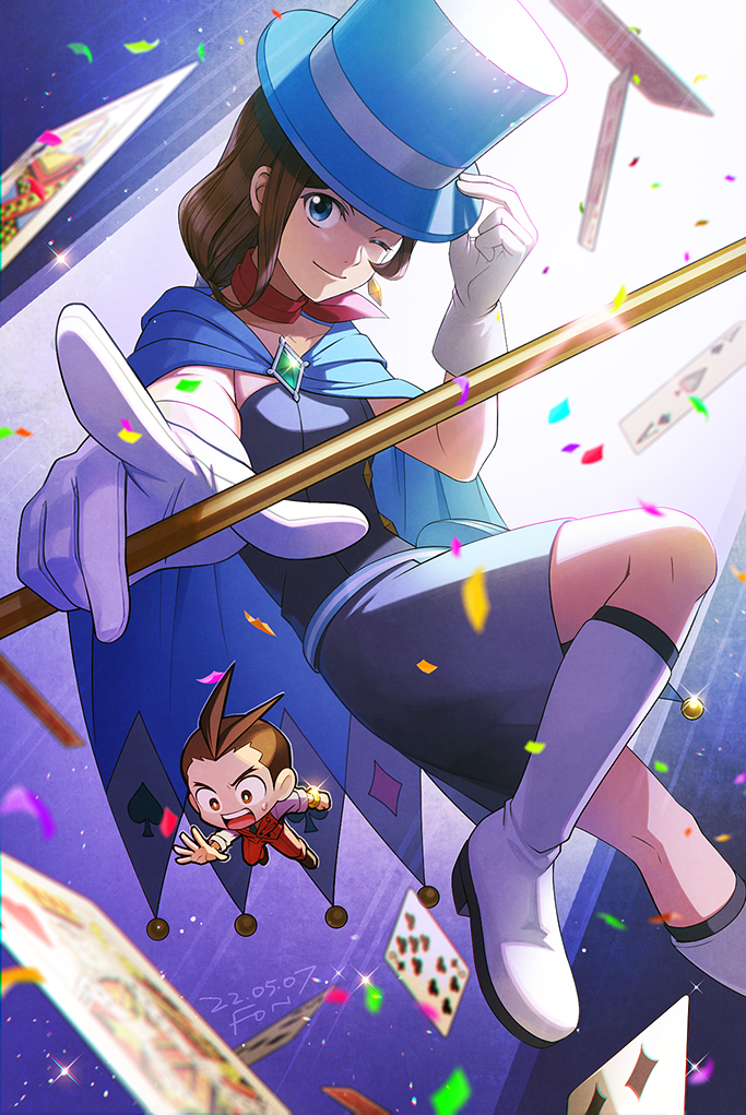 1boy 1girl ace_(playing_card) ace_attorney ace_of_spades apollo_justice apollo_justice:_ace_attorney belt blue_belt blue_cape blue_hat boots brown_eyes brown_hair cape card chibi club_(shape) confetti diamond_(shape) dress earrings fon-due_(fonfon) foreshortening glint gloves gradient_background grey_dress hat jewelry king_(playing_card) king_of_hearts_(playing_card) looking_at_viewer nine_of_clubs one_eye_closed playing_card queen_(playing_card) queen_of_clubs spade_(shape) sparkle top_hat trucy_wright white_footwear white_gloves