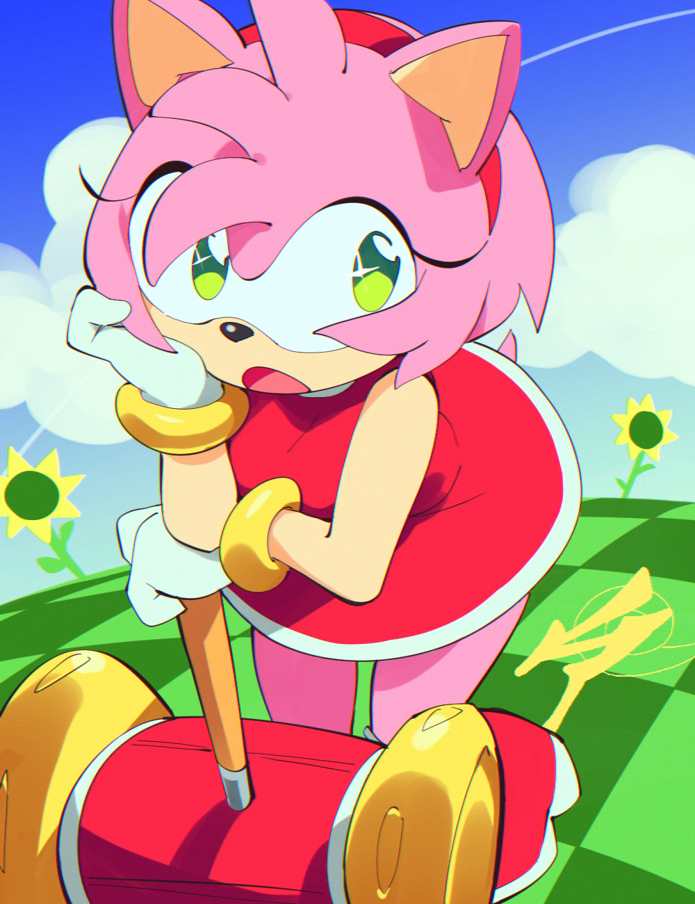 1girl aetherion amy_rose animal_nose bracelet clouds dress flower furry furry_female gloves green_eyes hairband hammer highres jewelry leaning_forward open_mouth red_dress red_hairband sky solo sonic_(series) white_gloves