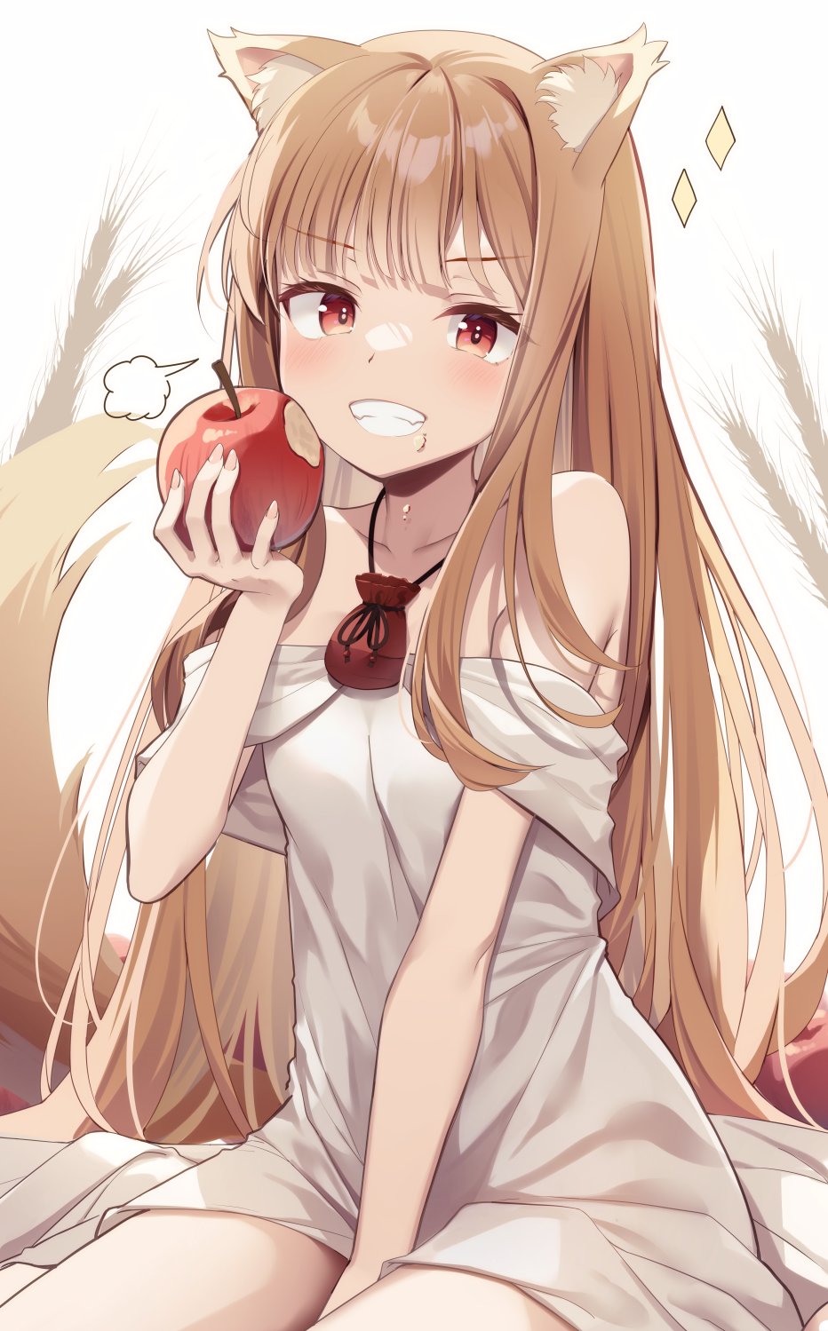 1girl animal_ears apple bare_shoulders blush breasts brown_hair dress eating food food_on_face fruit grey_dress grin highres holding holding_food holding_fruit holo kinokomushi long_hair looking_at_viewer off-shoulder_dress off_shoulder red_eyes sitting small_breasts smile solo spice_and_wolf tail teeth wolf_ears wolf_girl wolf_tail
