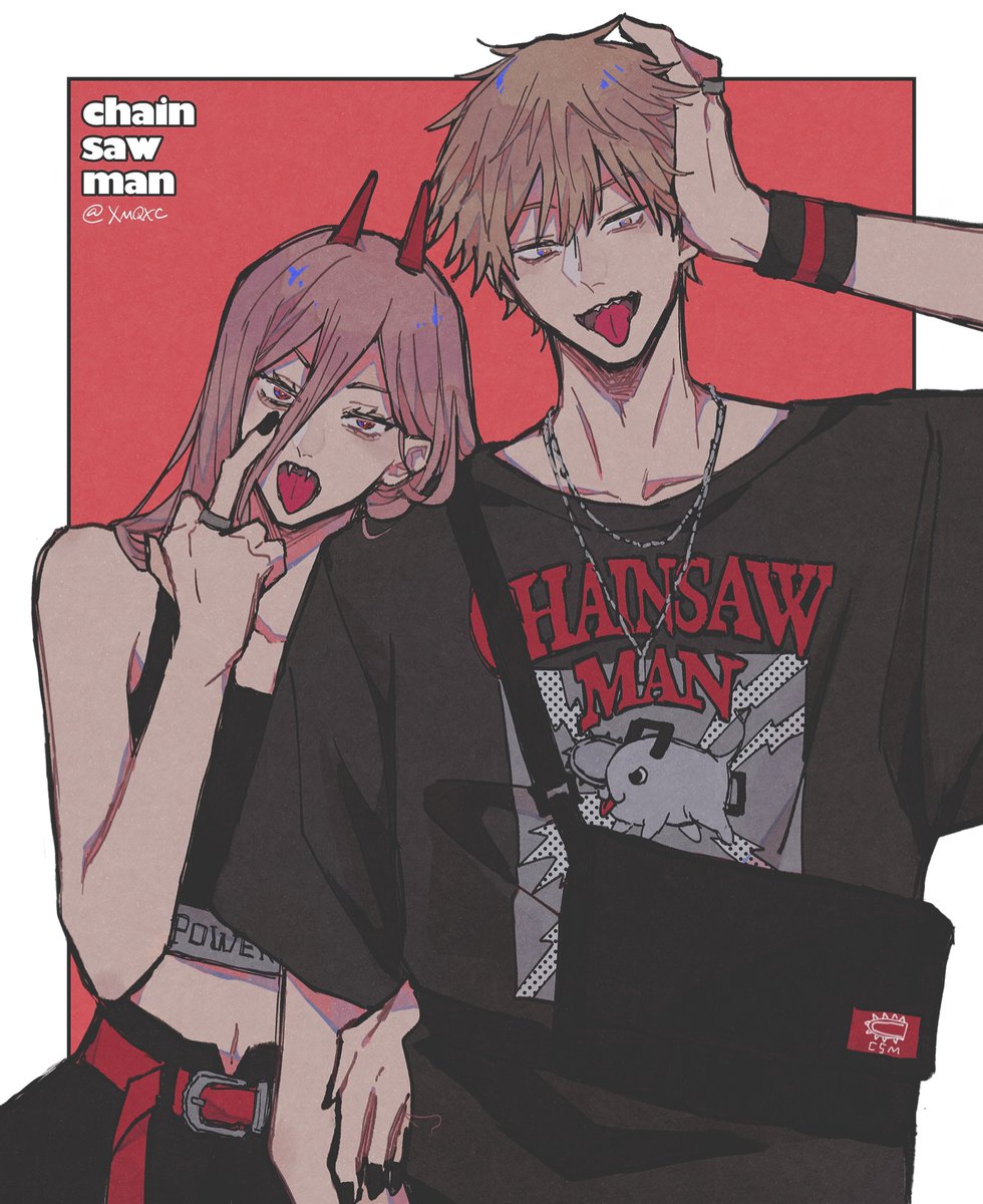 1boy 1girl bad_id bad_twitter_id belt black_nails border chainsaw_man commentary_request copyright_name cowboy_shot denji_(chainsaw_man) fangs hair_between_eyes hand_on_own_head highres horns jewelry long_hair middle_finger navel power_(chainsaw_man) red_background red_belt red_horns ring shirt short_hair short_sleeves sports_bra t-shirt tongue tongue_out twitter_username white_border wristband xmqxc