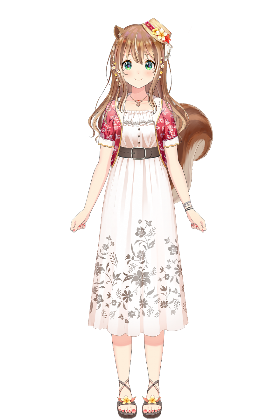 1girl animal_ears arms_at_sides ayunda_risu ayunda_risu_(2nd_costume) belt bracelet brown_hair closed_mouth dress full_body green_eyes hat highres hololive hololive_indonesia jewelry long_dress long_hair looking_at_viewer mini_hat nail_polish official_alternate_costume official_alternate_hair_length official_alternate_hairstyle official_art pendant red_nails sandals short_sleeves simple_background smile solo squirrel_ears squirrel_tail standing straight-on tachi-e tail tareme toenail_polish toenails transparent_background virtual_youtuber white_dress yatomi
