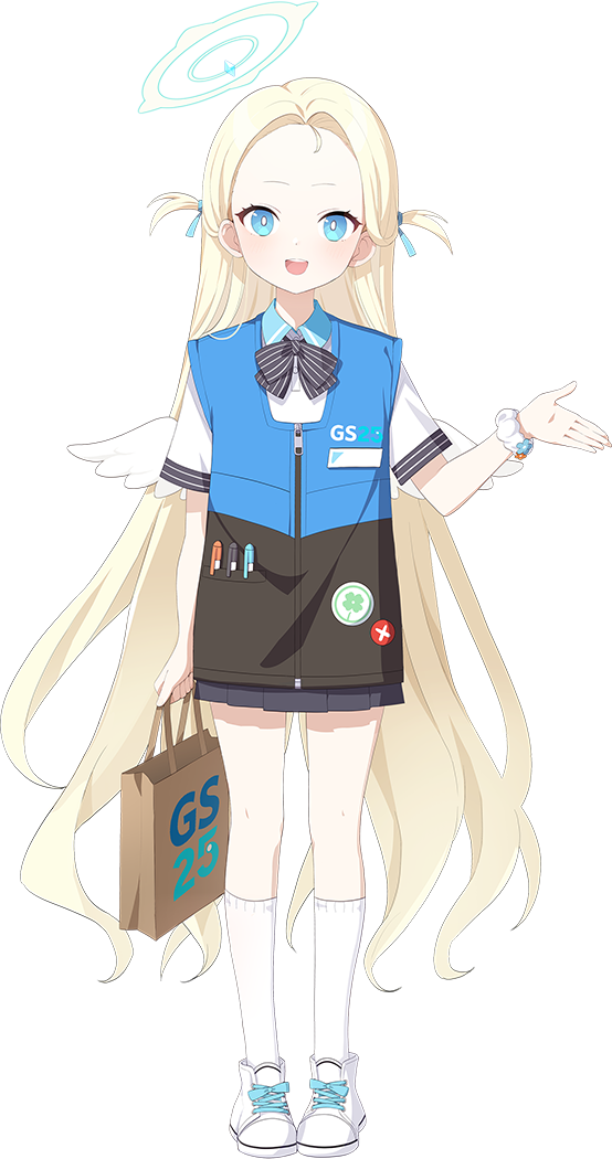 1girl angel_wings bag black_bow black_bowtie blonde_hair blue_archive blue_eyes blue_halo blush bow bowtie collared_shirt employee_uniform full_body halo holding holding_bag long_hair looking_at_viewer misyune official_art open_mouth shirt shoes short_sleeves smile socks solo sora_(blue_archive) transparent_background two_side_up uniform white_footwear white_shirt white_socks white_wings wings