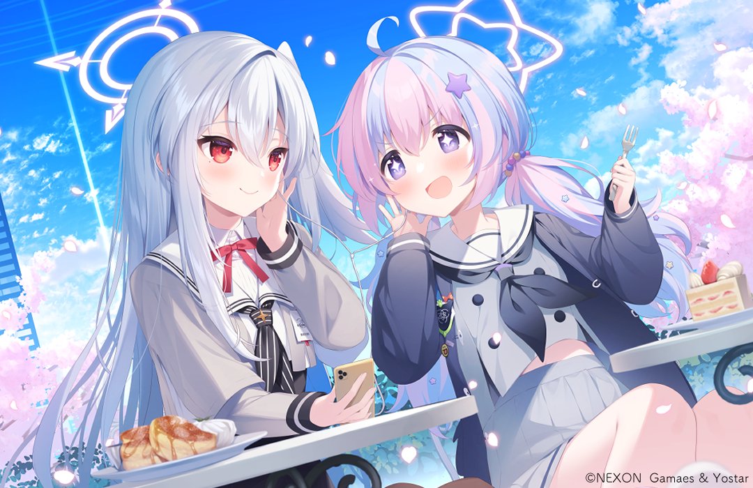 2girls blue_archive blue_sky cake cake_slice cellphone cherry_blossoms clouds cloudy_sky food fork fruit halo hisagi_(puchimaple) holding holding_fork holding_phone multiple_girls pancake phone plate reisa_(blue_archive) school_uniform sky smartphone strawberry suzumi_(blue_archive) syrup whipped_cream