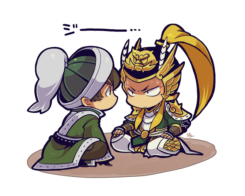 2boys armor blonde_hair brown_hair brown_pants chibi chibi_only chinese_armor chinese_clothes closed_mouth facial_hair full_body glaring goatee_stubble green_hat green_shirt hands_on_own_legs kotorai long_hair looking_at_another ma_chao ma_dai male_focus multiple_boys nervous_sweating no_nose pants ponytail shaded_face shin_sangoku_musou shirt short_hair sidelocks signature sitting stubble sweat translation_request