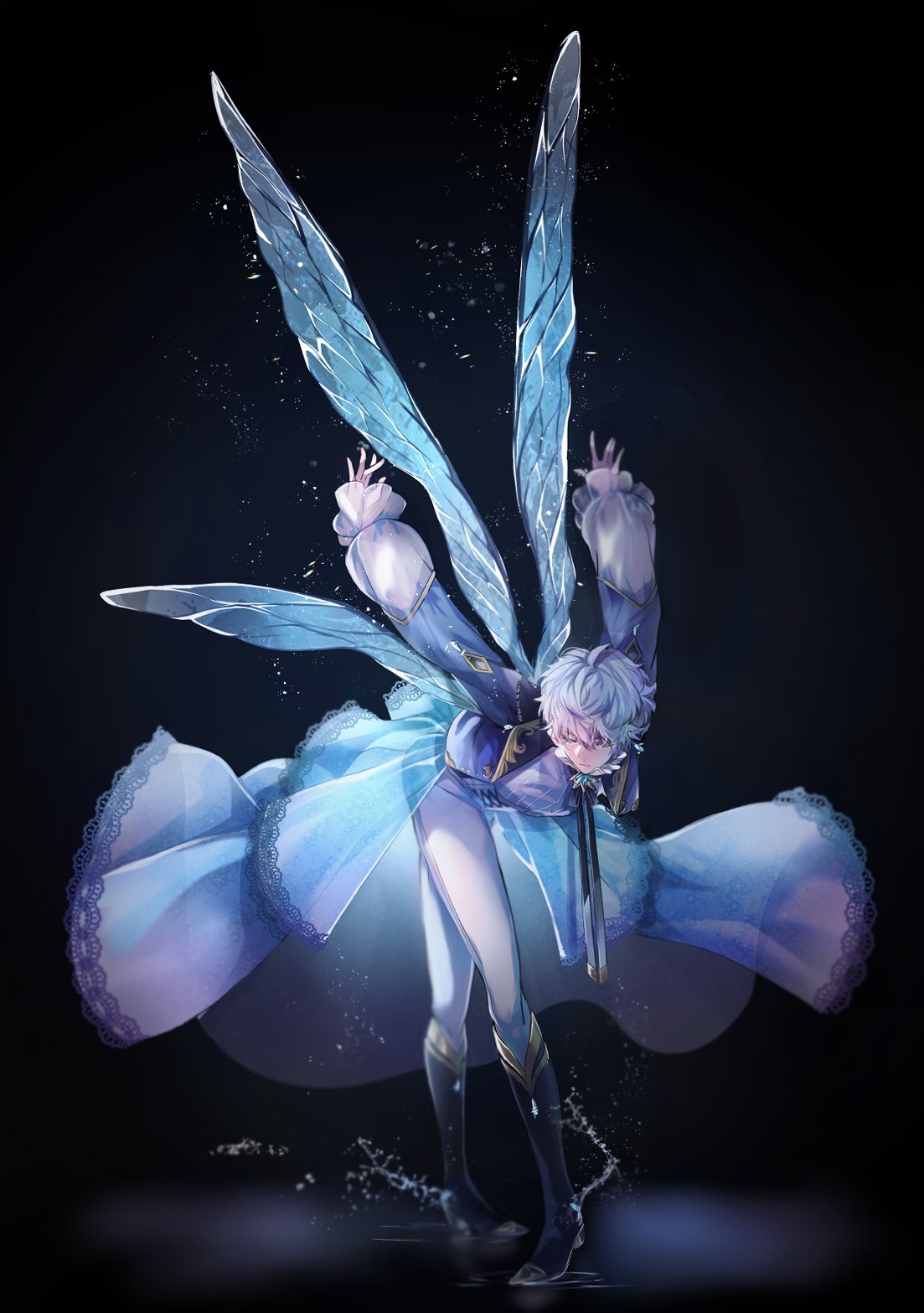 1boy black_background black_footwear blue_jacket boots brooch closed_eyes dancing ensemble_stars! fairy fairy_wings frilled_sleeves frills full_body grey_hair hair_between_eyes high-waist_pants highres insect_wings jacket jewelry jiyo_(3510_tss) lace_trim leaning_forward light_particles long_sleeves male_focus neck_ribbon outstretched_arms pants puffy_long_sleeves puffy_sleeves ribbon see-through sena_izumi_(ensemble_stars!) shirt short_hair simple_background solo splatter standing standing_on_liquid waist_cape water white_pants white_shirt wings