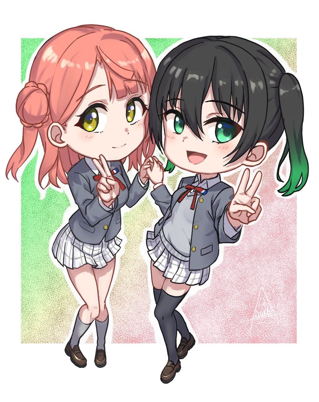 2girls asueli_ex black_hair black_jacket black_thighhighs blunt_bangs blush border brown_footwear chibi closed_mouth collared_shirt commentary_request full_body gradient_background gradient_hair green_eyes green_hair grey_socks grey_vest hair_between_eyes hair_bun highres holding_hands jacket kneehighs loafers long_sleeves looking_at_viewer love_live! love_live!_nijigasaki_high_school_idol_club medium_hair multicolored_hair multiple_girls neck_ribbon nijigasaki_academy_school_uniform open_clothes open_jacket open_mouth outside_border pink_hair plaid plaid_skirt pleated_skirt red_ribbon ribbon school_uniform shirt shoes sidelocks single_side_bun skirt socks standing takasaki_yu thigh-highs twintails uehara_ayumu v vest white_border white_shirt white_skirt winter_uniform yellow_eyes zettai_ryouiki