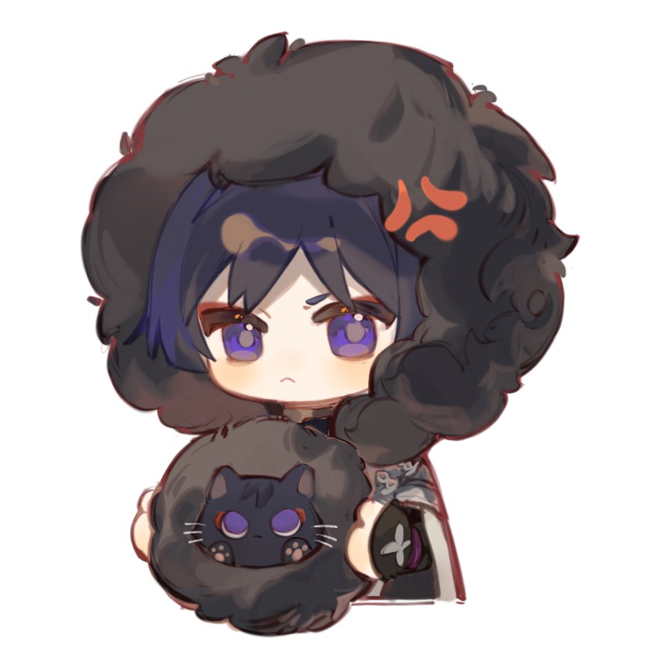 1boy animal armor black_cat black_hair cat chibi closed_mouth coat fur-trimmed_coat fur_trim genshin_impact hair_between_eyes holding holding_animal holding_cat hood hood_up hooded_coat japanese_armor japanese_clothes kote kurokote looking_at_viewer male_focus maomaoyu scaramouche_(cat)_(genshin_impact) scaramouche_(genshin_impact) simple_background violet_eyes white_background