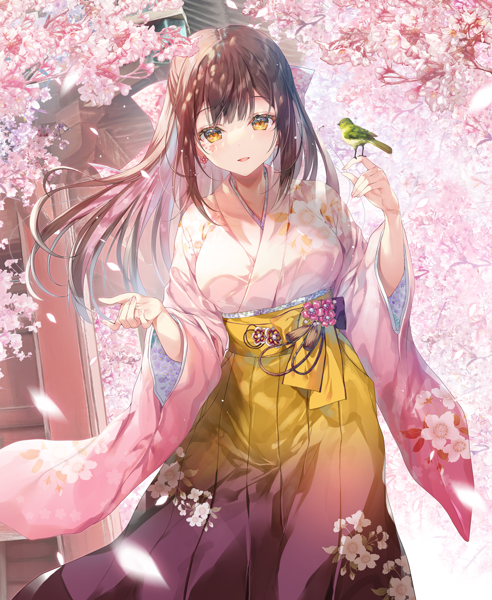1girl animal animal_on_finger bird bird_on_hand breasts brown_hair cherry_blossoms commentary_request earrings floating_hair floral_print flower_earrings gradient_hakama hakama hakama_skirt hand_up highres japanese_clothes jewelry kimono long_hair long_sleeves medium_breasts miwabe_sakura multicolored_hair orange_eyes original pink_hair pink_kimono print_hakama print_kimono purple_hakama skirt solo two-tone_hair very_long_hair wide_sleeves yellow_hakama