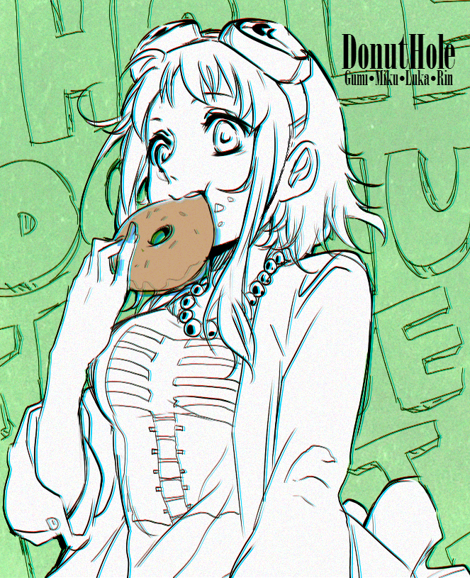 1girl bad_id bad_tumblr_id bead_necklace beads bonyonyo character_name commentary donut_hole_(vocaloid) doodles doughnut eating english_commentary food goggles goggles_on_head green_background gumi holding holding_doughnut holding_food jewelry necklace skeleton_print solo song_name upper_body vocaloid