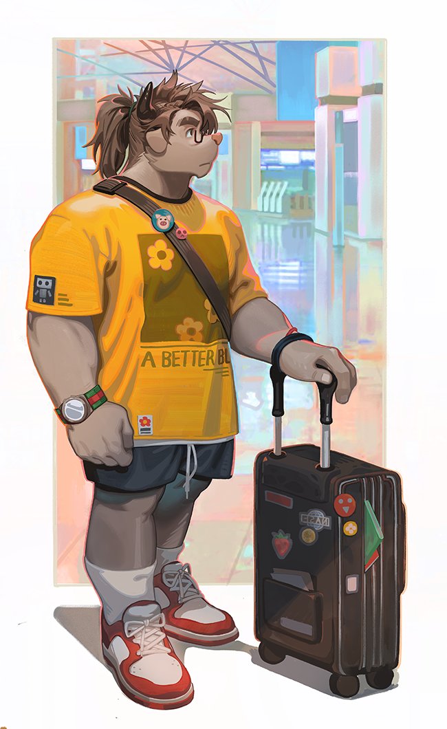 1boy animal_ears black_pants catoblepas_(housamo) clenched_hand commentary cow_boy cow_ears cow_horns furry furry_male glasses holding holding_suitcase horns looking_to_the_side male_focus neilos pants ponytail profile red_footwear rolling_suitcase shirt socks suitcase tokyo_afterschool_summoners watch watch white_socks yellow_shirt