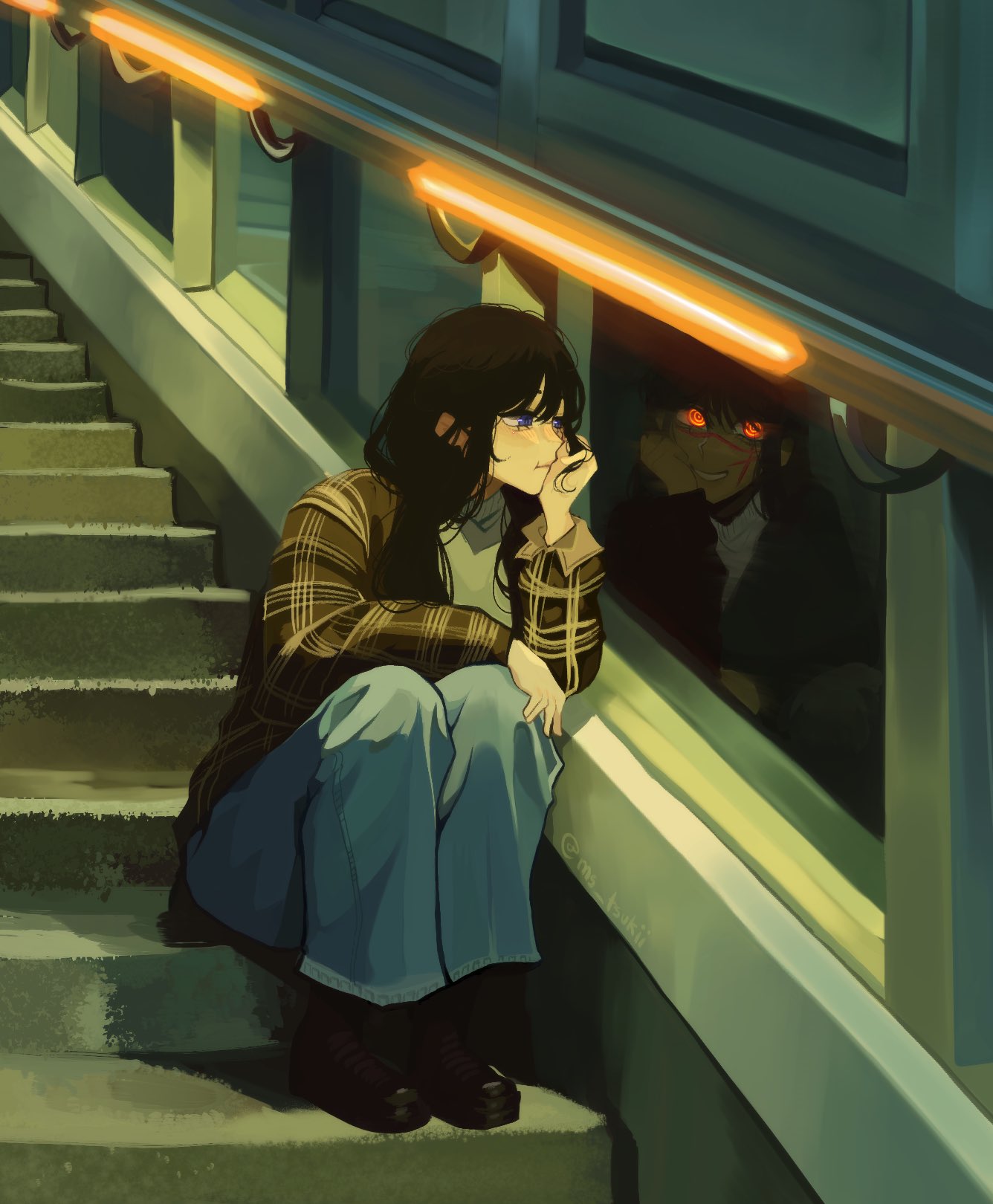 2girls :t arm_support black_footwear black_hair blue_pants blush boots brown_jacket chainsaw_man closed_mouth commentary denim different_reflection english_commentary full_body glowing glowing_eyes grin head_rest highres jacket jeans knees_up legs_together light long_hair long_sleeves looking_at_another mitaka_asa ms_tsukii multiple_girls night on_stairs orange_eyes outdoors pants plaid plaid_jacket railing red_eyes reflection ringed_eyes scar scar_on_face shoes sitting sitting_on_stairs smile stairs violet_eyes yoru_(chainsaw_man)