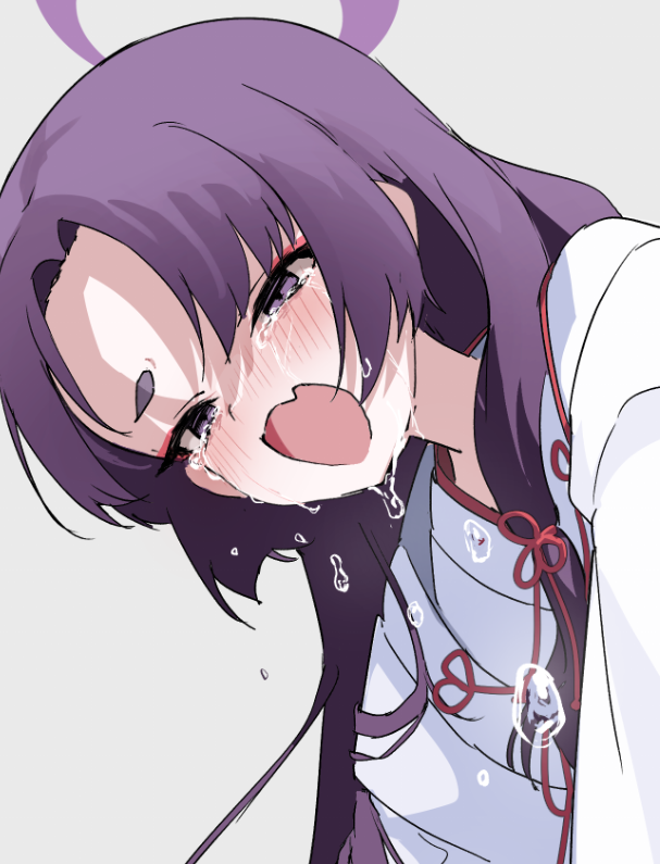 1girl blue_archive blush crying crying_with_eyes_open eyeshadow fang grey_background halo japanese_clothes long_hair makeup miko open_mouth osisio parted_bangs purple_hair red_eyeshadow short_eyebrows simple_background skin_fang sobbing solo tears violet_eyes yukari_(blue_archive)