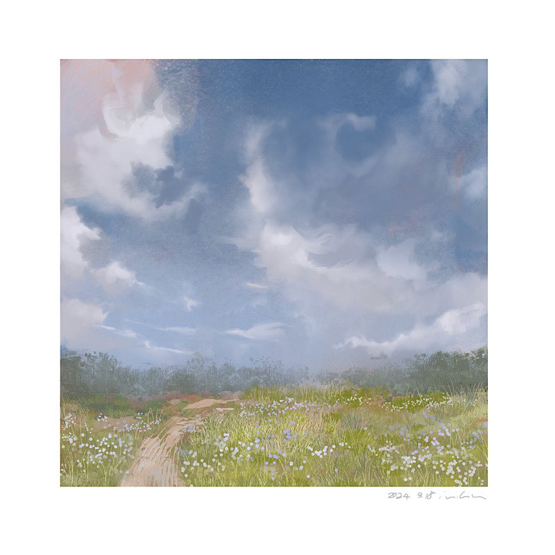 2024 blue_sky border clouds cloudy_sky dated day field flower grass mimoth nature no_humans original outdoors path scenery signature sky tree white_border white_flower