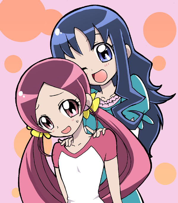 2girls blue_dress blue_eyes blue_hair blue_sleeves blush_stickers collarbone commentary_request cowboy_shot dress eyelashes flower frilled_dress frilled_sleeves frills fujimaru_arikui hair_flower hair_ornament hanasaki_tsubomi hands_on_another's_shoulders heartcatch_precure! kurumi_erika layered_sleeves long_hair long_sleeves looking_at_viewer low_twintails multiple_girls nervous_smile one_eye_closed open_mouth pink_background pink_eyes pink_hair pink_sleeves polka_dot polka_dot_background precure puffy_short_sleeves puffy_sleeves raised_eyebrows shirt short_over_long_sleeves short_sleeves sidelocks simple_background smile sweatdrop t-shirt twintails upper_body very_long_hair wavy_hair white_shirt white_sleeves yellow_flower