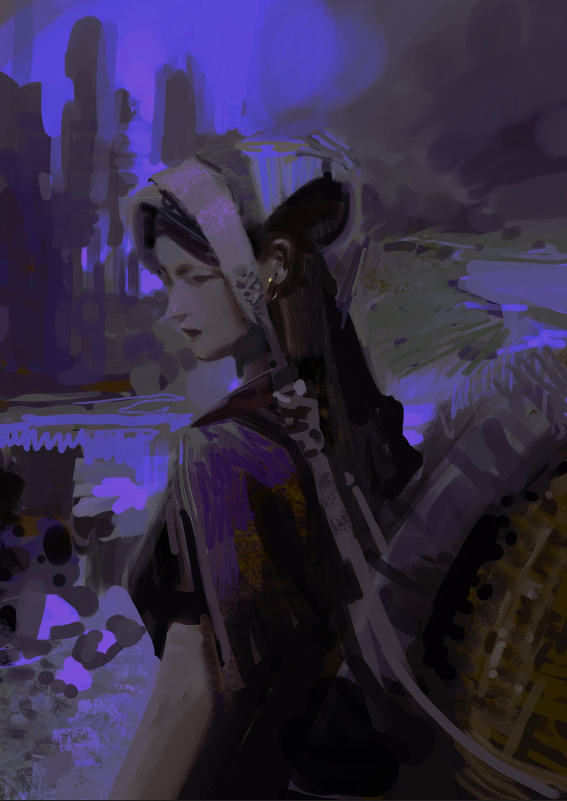 1girl art_study black_hair closed_eyes closed_mouth commentary english_commentary faux_traditional_media from_behind from_side headdress highres long_hair looking_back night original outdoors painterly profile purple_theme sketch solo upper_body yuming_li