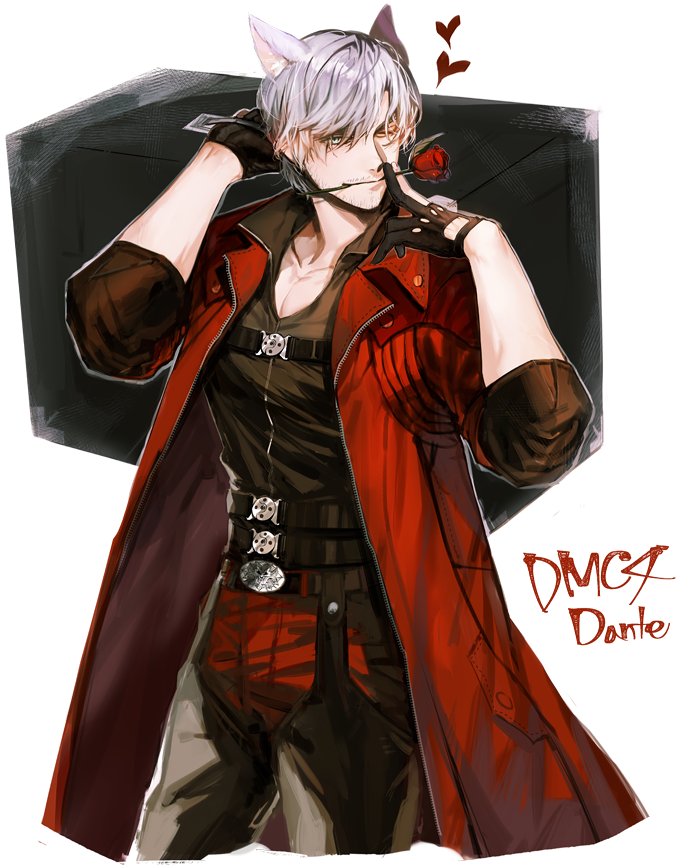 1boy animal_ears backless_pants bishounen blue_eyes chaps closed_mouth coat dante_(devil_may_cry) devil_may_cry_(series) devil_may_cry_4 flower flower_in_mouth gloves hair_over_one_eye holding leather looking_at_viewer male_focus mouth_hold pants q1modi red_coat red_flower red_rose rose smile solo standing tail trench_coat white_hair