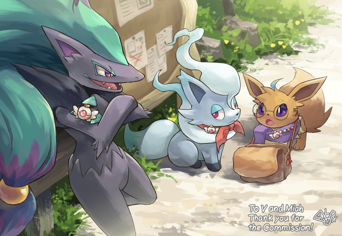 alternate_color aqua_hair bespectacled black_fur brown_bag brown_fur colored_tips commentary commission eevee english_commentary english_text furry glasses hakkentai_pokedan long_hair multicolored_hair outdoors pokemon pokemon_(creature) pokemon_mystery_dungeon purple_hair round_eyewear shiny_pokemon standing tail thank_you violet_eyes zoroark zorua