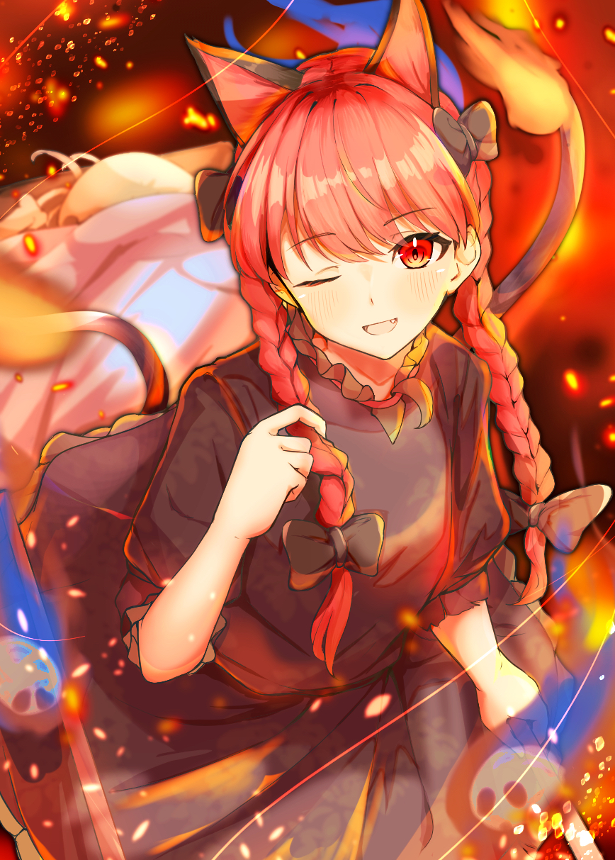 1girl animal_ears black_bow blush bow braid cat_ears cat_girl cat_tail chilwell_seele commentary dress extra_ears fang fire hair_bow hand_in_own_hair highres kaenbyou_rin long_hair looking_at_viewer multiple_tails nekomata one_eye_closed open_mouth red_eyes redhead skull smile solo tail touhou twin_braids two_tails