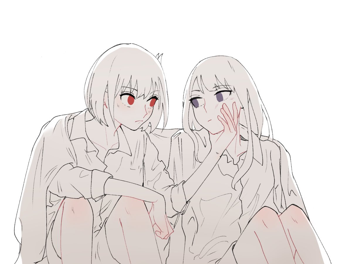 2girls blush closed_mouth collared_shirt commentary_request greyscale hand_on_another's_face inoue_takina long_hair looking_at_another lycoris_recoil monochrome multiple_girls nishikigi_chisato one_side_up red_eyes shared_blanket shiratama_draw shirt sitting spot_color violet_eyes