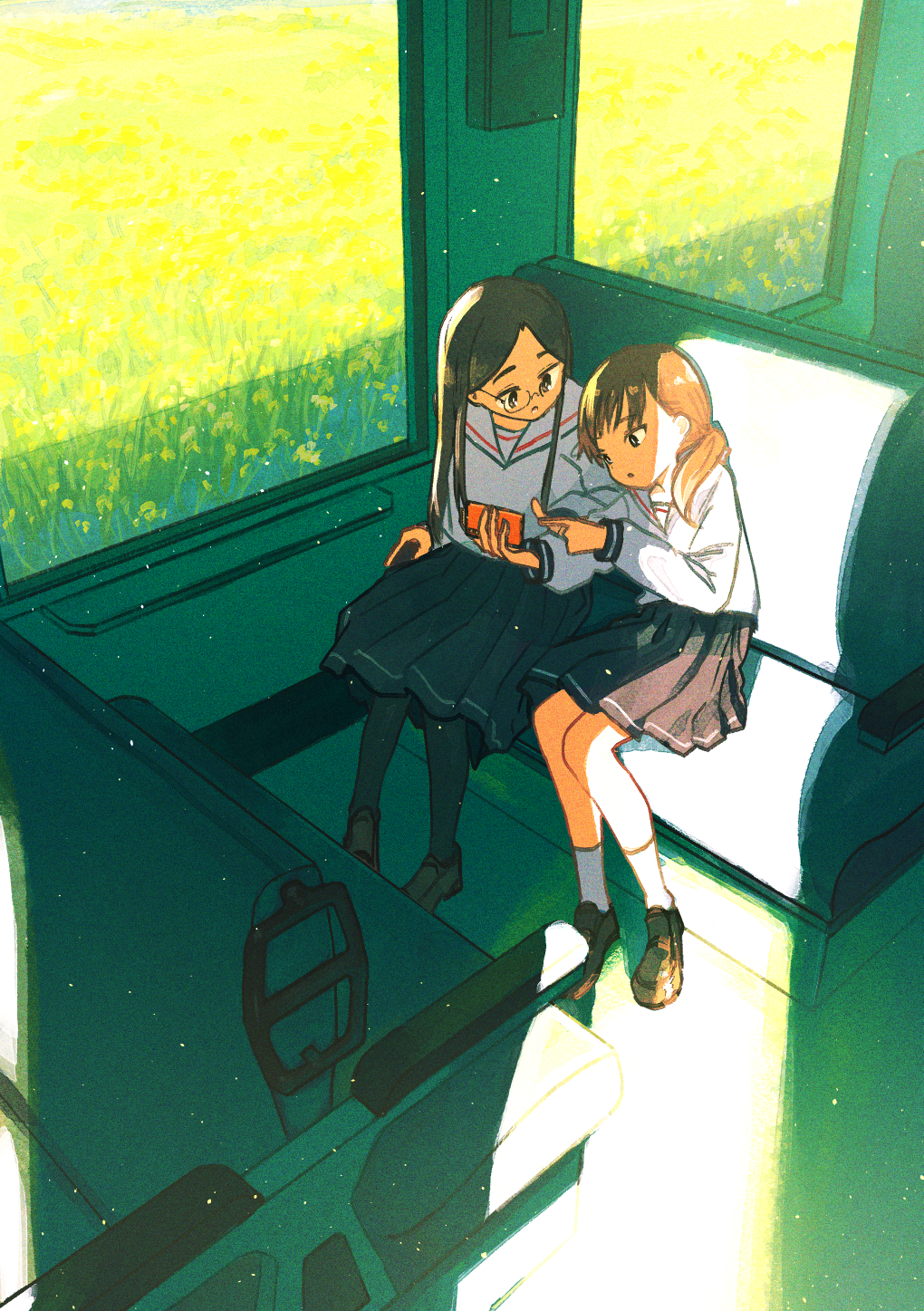 2girls black_hair black_pantyhose black_skirt brown_footwear brown_hair cellphone commentary_request film_grain glasses highres holding holding_phone inami_hatoko leaning_on_person light_particles loafers long_hair long_sleeves medium_hair multiple_girls open_mouth original pantyhose phone pleated_skirt sailor_collar school_uniform serafuku shirt shoes sitting skirt smartphone socks train_interior white_sailor_collar white_shirt white_socks