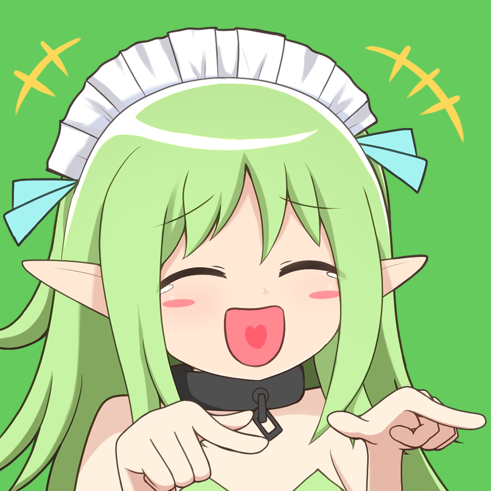+++ 1girl black_souls blue_bow blush_stickers bow chain closed_eyes collar green_background green_hair green_leotard hair_bow happy_tears laughing leaf_(black_souls) leotard long_hair maid_headdress open_mouth pointing pointing_to_the_side pointy_ears sidelocks simple_background smile solo tears udododo very_long_hair