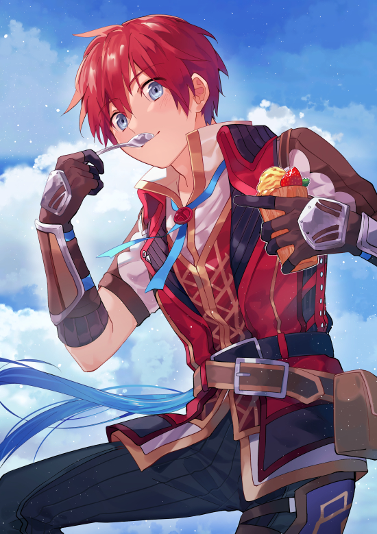 1boy adol_christin armor belt blue_eyes blue_sky clouds commentary_request eating from_below gloves hair_between_eyes holding holding_spoon kiruri_(mimosayoshi) layered_clothes light_blush light_particles looking_at_viewer male_focus multiple_belts pants redhead short_hair sky smile solo spoon upper_body utensil_in_mouth ys ys_viii_lacrimosa_of_dana