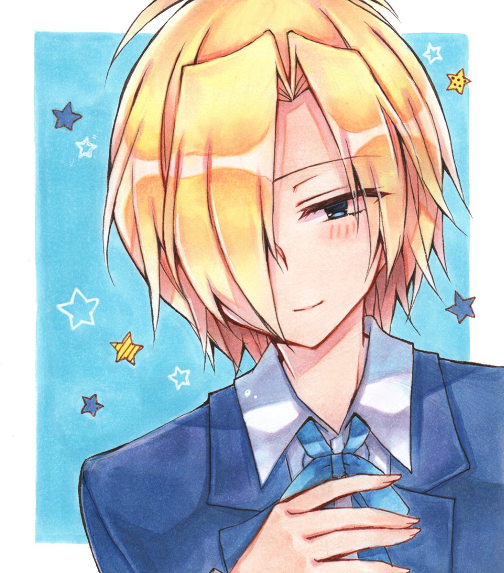 1boy blonde_hair blue_background blue_eyes blue_ribbon blue_suit bluestar_iz blush collared_shirt hair_intakes hair_over_one_eye hand_on_own_chest looking_at_viewer male_focus noel_levine official_art painting_(medium) ribbon shirt short_hair smile solo star_(symbol) suit traditional_media watercolor_(medium) white_background white_shirt witch's_heart