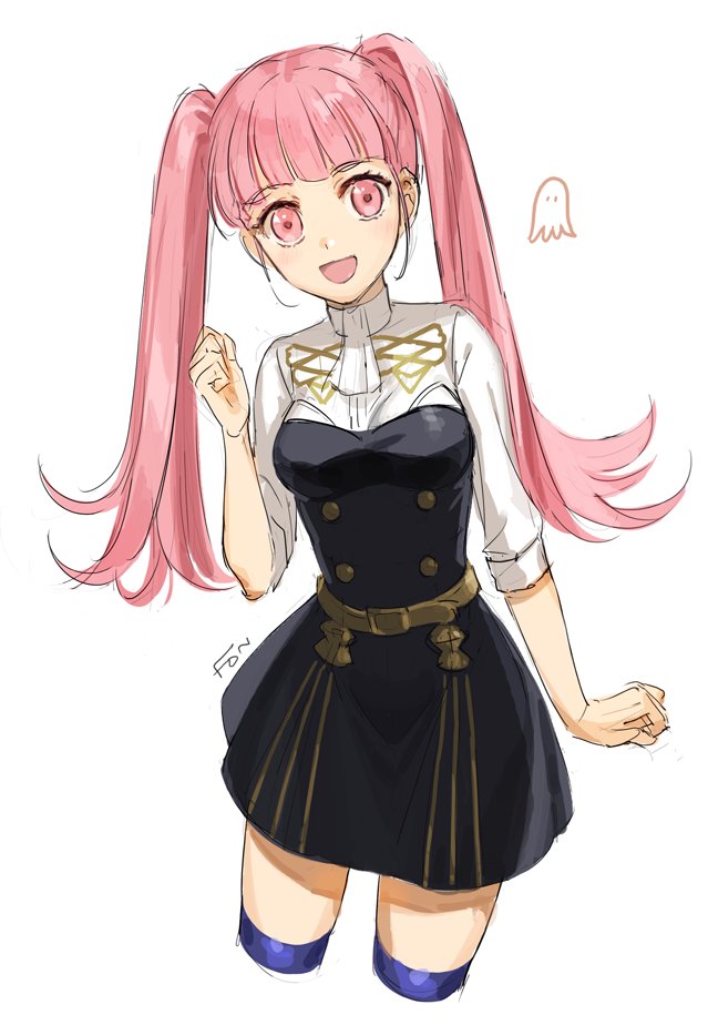 1girl ascot black_dress blue_thighhighs clenched_hand cropped_legs dress eyelashes fire_emblem fire_emblem:_three_houses fon-due_(fonfon) garreg_mach_monastery_uniform hilda_valentine_goneril long_hair long_sleeves looking_at_viewer open_mouth pink_eyes pink_hair shirt simple_background solo thigh-highs twintails white_ascot white_background white_shirt