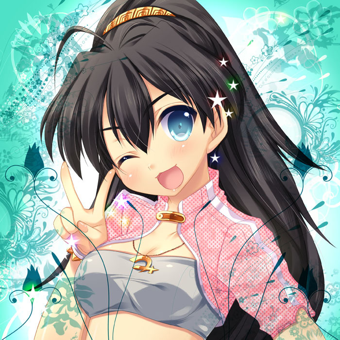 :3 black_hair blue_eyes duplicate ganaha_hibiki idolmaster idolmaster_2 jacket long_hair mitsumomo_mamu ponytail v wink