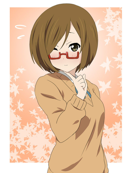 blush brown_eyes brown_hair extra glasses ikari_manatsu k-on! kinoshita_shizuka necktie short_hair smile solo wink