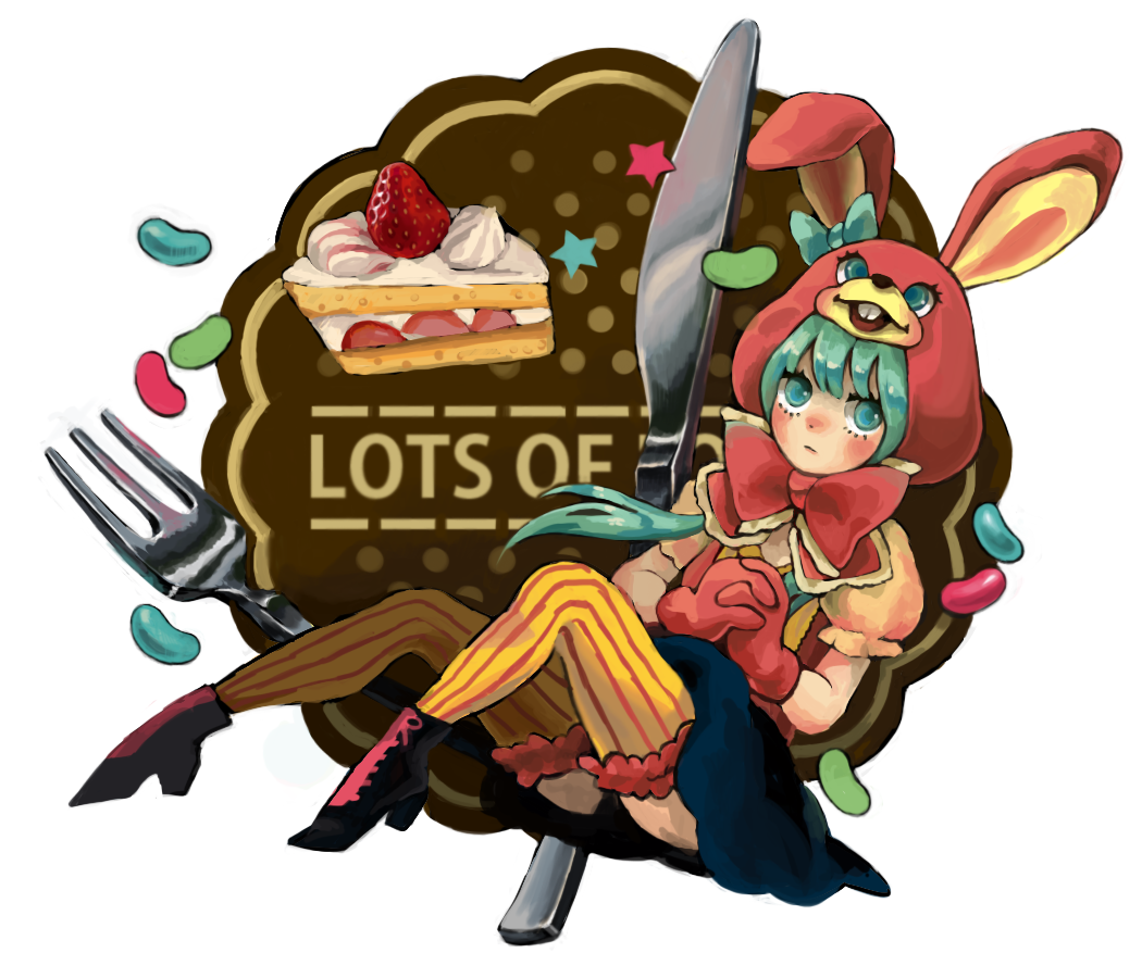 animal_ears animal_hat aqua_eyes aqua_hair bad_id bonnet bunny_ears cake candy food fork gloves hat hatsune_miku jelly_bean knife kuma_(kunuking) long_hair lots_of_laugh_(vocaloid) orange_legwear pastry rabbit_ears shoes solo striped thigh-highs thighhighs twintails vertical-striped_legwear vertical_stripes vocaloid