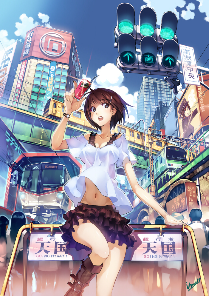 blue_eyes boots breasts brown_hair building camera city cityscape cleavage midriff navel original short_hair skirt solo street tokyo_(city) train vania600