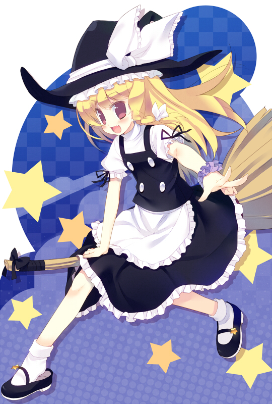 apron blonde_hair blush bow bracelet braid broom broom_riding grin hair_bow hat kirisame_marisa mary_janes meito_(maze) open_mouth shoe_dangle shoes skirt solo star touhou witch_hat yellow_eyes