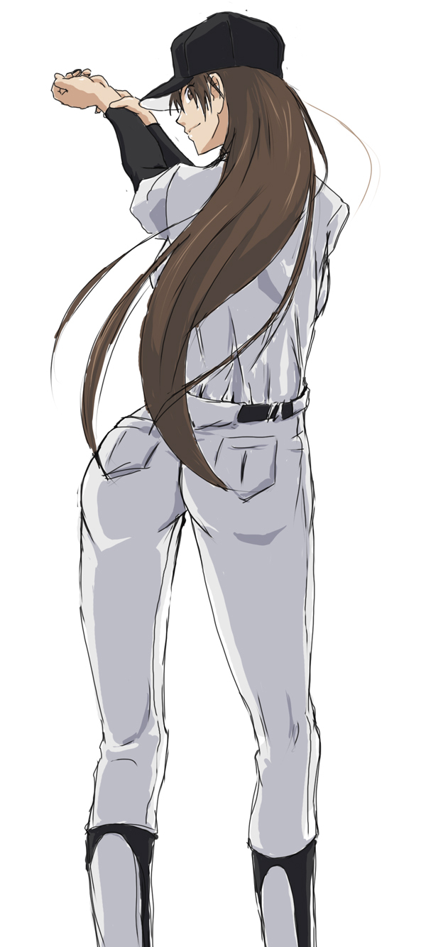 baseball_cap baseball_uniform brown_eyes brown_hair from_behind hat highres kyabakurabakufu long_hair looking_back momoe_maria ookiku_furikabutte smile sportswear stirrup_socks stretch