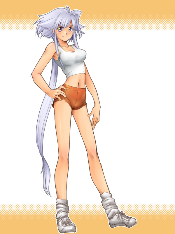 fang heterochromia hot_pants lavolpe_(yagisaka_seto) legs long_hair navel original payot ponytail short_shorts shorts silver_hair solo tank_top very_long_hair yagisaka_seto