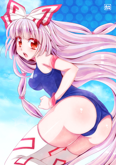 long_hair one-piece_swimsuit pengin_guriko pink_hair red_eyes school_swimsuit swimsuit thigh-highs thighhighs touhou