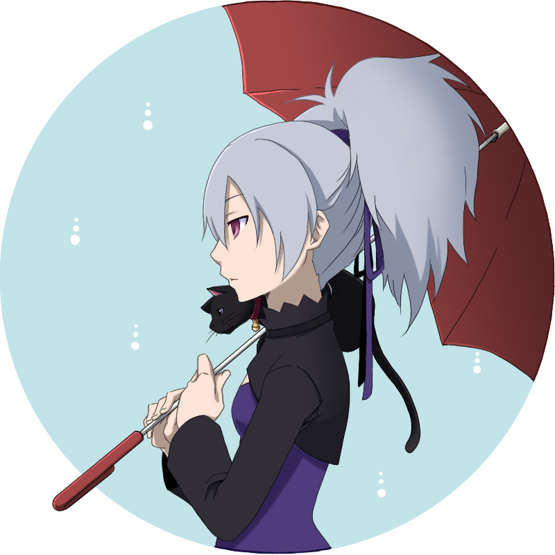 bell bell_collar black_cat cat collar darker_than_black dress hair_ribbon kisara04 mao_(darker_than_black) ponytail profile purple_eyes ribbon silver_hair umbrella violet_eyes yin