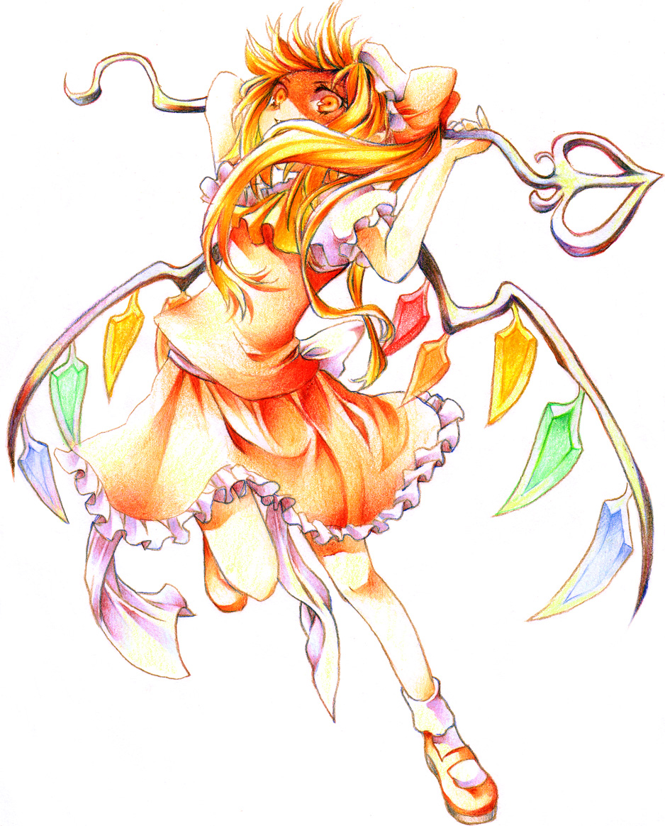 asymmetrical_hair blonde_hair colored_pencil_(medium) flandre_scarlet hat laevatein long_hair myaaco side_ponytail solo touhou traditional_media wings yellow_eyes