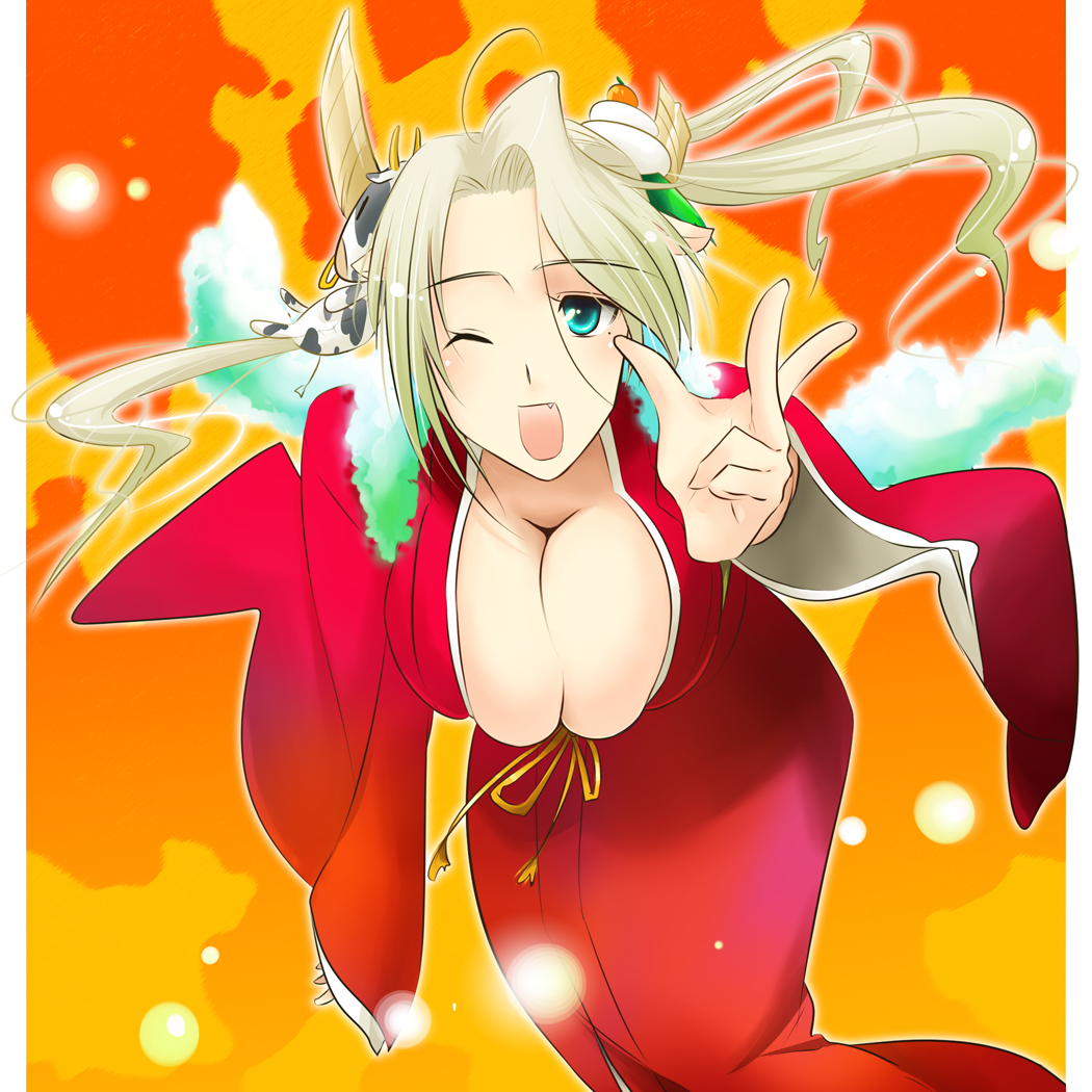 blonde_hair breasts bursting_breasts cleavage cow fang hair_ornament japanese_clothes kimono kimura_shiki large_breasts long_hair mole smile solo wink