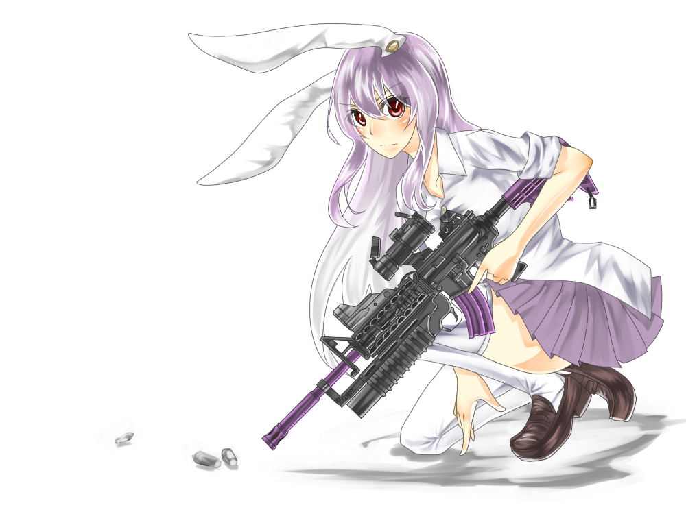 animal_ears assault_rifle grenade_launcher gun m203 m4_carbine one_knee reisen_udongein_inaba rifle scope shell_casing skirt sleeves_rolled_up solo steelkonnyaku thigh-highs thighhighs touhou trigger_discipline underbarrel_grenade_launcher weapon zettai_ryouiki