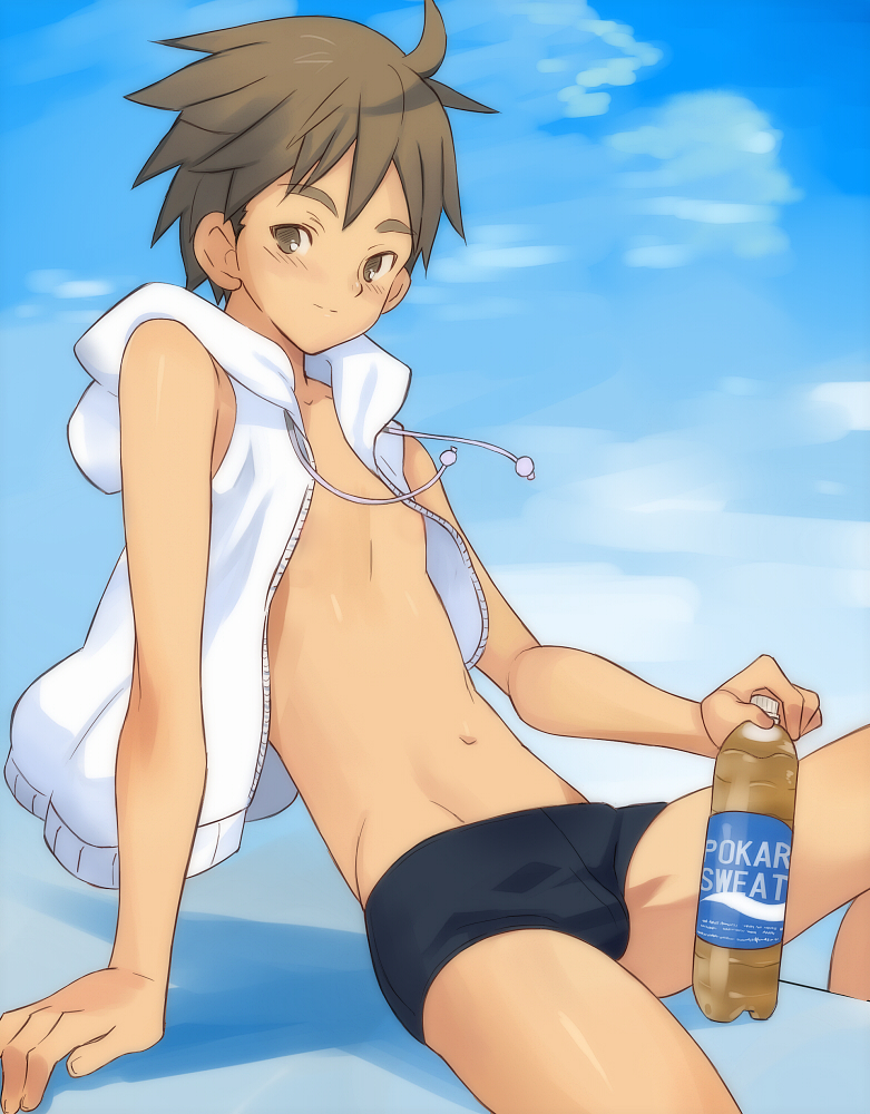 1boy brand_name_imitation brandname_parody brown_eyes brown_hair hoodie male pocari_sweat rand_(artist) short_hair solo swim_trunks swimsuit